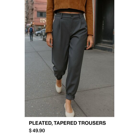 ZARA Gray Pleated Tapered Pants XS | Button Hem Minimalist Street Style - Picture 1 of 8